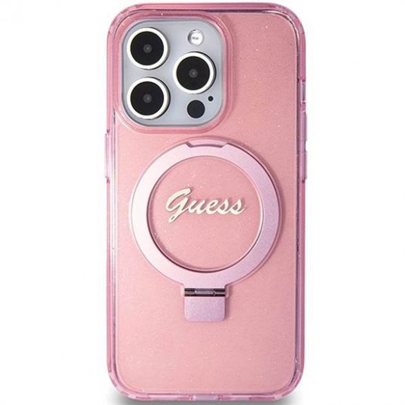 Husă originală GUESS GUHMP15LHRSGSP pentru iPhone 15 Pro (Magsafe / Logo Glitter Script / Suport inel / roz)