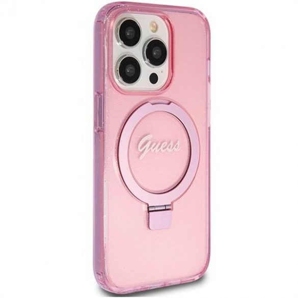 Husă originală GUESS GUHMP15LHRSGSP pentru iPhone 15 Pro (Magsafe / Logo Glitter Script / Suport inel / roz)