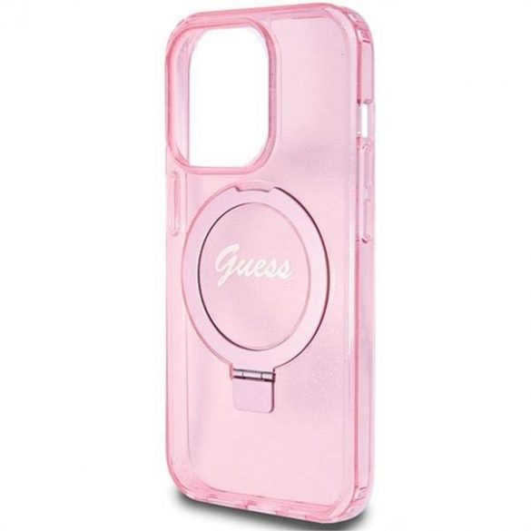 Husă originală GUESS GUHMP15LHRSGSP pentru iPhone 15 Pro (Magsafe / Logo Glitter Script / Suport inel / roz)