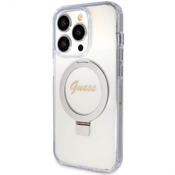 Husă originală GUESS GUHMP15LHRSGSD pentru iPhone 15 Pro (Magsafe / Logo Glitter Script / Suport inel / transparent)