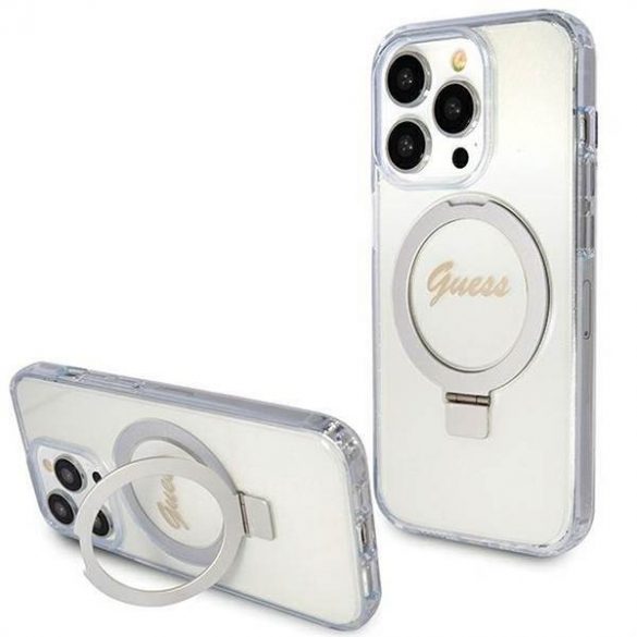 Husă originală GUESS GUHMP15XHRSGSD pentru iPhone 15 Pro Max (Magsafe / Logo Glitter Script / Suport inel / transparent)