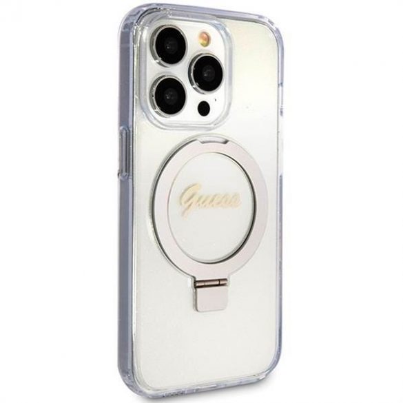 Husă originală GUESS GUHMP15XHRSGSD pentru iPhone 15 Pro Max (Magsafe / Logo Glitter Script / Suport inel / transparent)