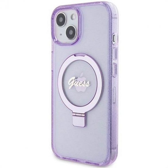 Husă originală GUESS GUHMP15SHRSGSU pentru iPhone 15 (Magsafe / Logo Glitter Script / Suport inel / violet)