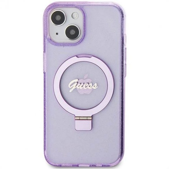 Husă originală GUESS GUHMP15SHRSGSU pentru iPhone 15 (Magsafe / Logo Glitter Script / Suport inel / violet)