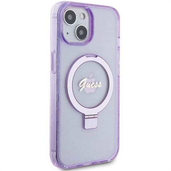 Husă originală GUESS GUHMP15SHRSGSU pentru iPhone 15 (Magsafe / Logo Glitter Script / Suport inel / violet)