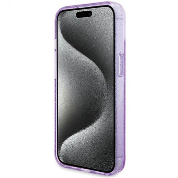 Husă originală GUESS GUHMP15SHRSGSU pentru iPhone 15 (Magsafe / Logo Glitter Script / Suport inel / violet)