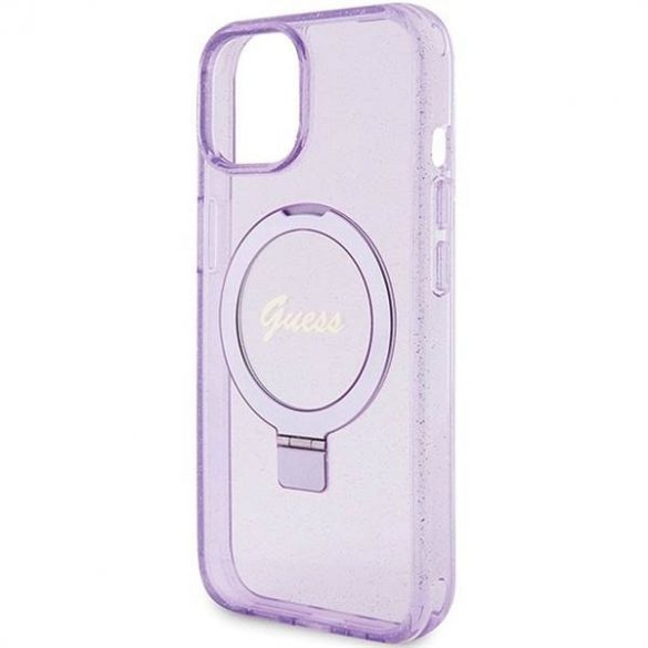 Husă originală GUESS GUHMP15SHRSGSU pentru iPhone 15 (Magsafe / Logo Glitter Script / Suport inel / violet)