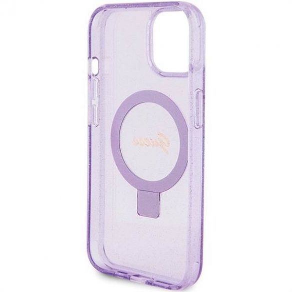 Husă originală GUESS GUHMP15SHRSGSU pentru iPhone 15 (Magsafe / Logo Glitter Script / Suport inel / violet)