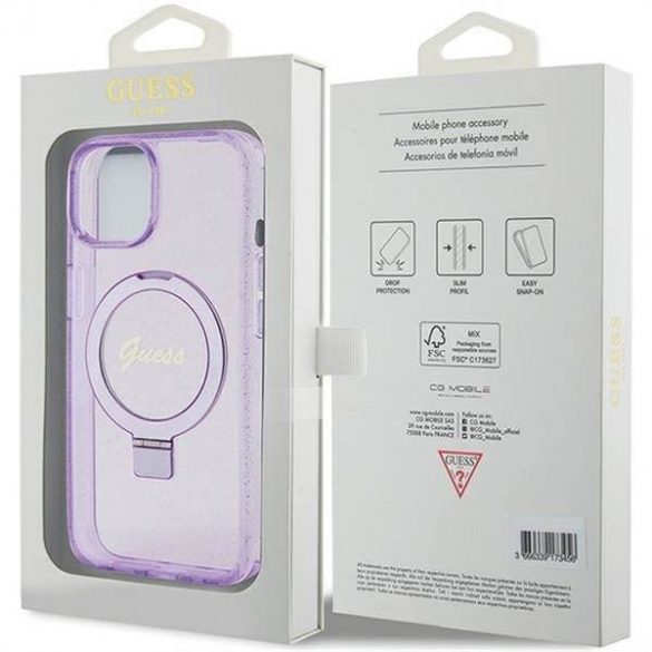 Husă originală GUESS GUHMP15SHRSGSU pentru iPhone 15 (Magsafe / Logo Glitter Script / Suport inel / violet)