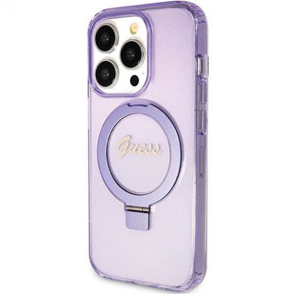 Husă originală GUESS GUHMP15LHRSGSU pentru iPhone 15 Pro (Magsafe / Logo Glitter Script / Suport inel / violet)