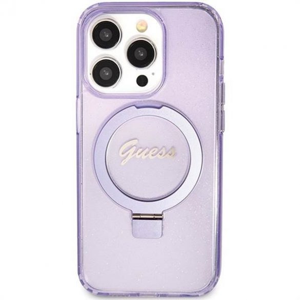 Husă originală GUESS GUHMP15LHRSGSU pentru iPhone 15 Pro (Magsafe / Logo Glitter Script / Suport inel / violet)