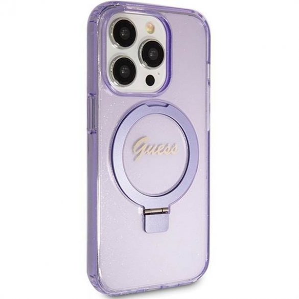 Husă originală GUESS GUHMP15LHRSGSU pentru iPhone 15 Pro (Magsafe / Logo Glitter Script / Suport inel / violet)