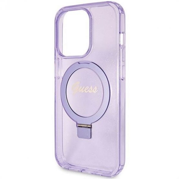 Husă originală GUESS GUHMP15LHRSGSU pentru iPhone 15 Pro (Magsafe / Logo Glitter Script / Suport inel / violet)