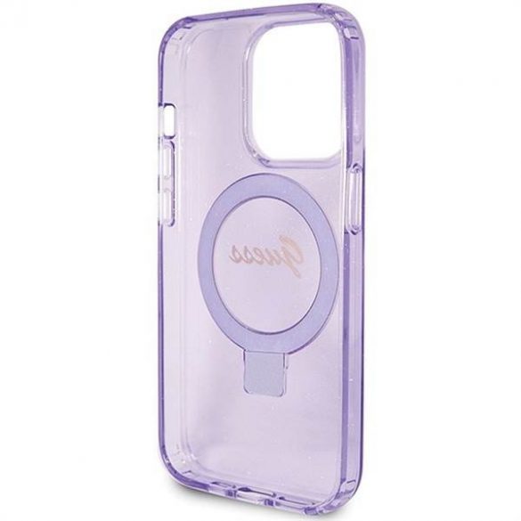 Husă originală GUESS GUHMP15LHRSGSU pentru iPhone 15 Pro (Magsafe / Logo Glitter Script / Suport inel / violet)