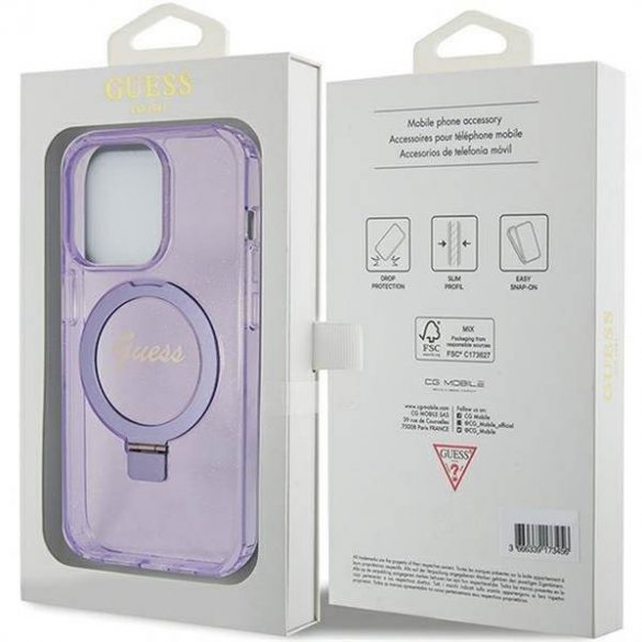 Husă originală GUESS GUHMP15LHRSGSU pentru iPhone 15 Pro (Magsafe / Logo Glitter Script / Suport inel / violet)