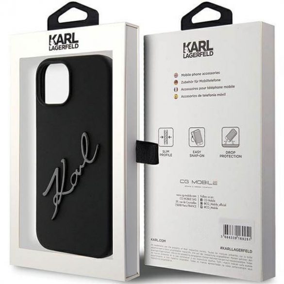 Husă originală KARL LAGERFELD KLHCP15SSKSBMCK pentru iPhone 15 (sigla Karl Script din silicon / negru)