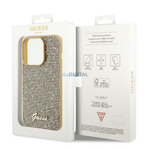 Husă originală GUESS GUHCP14LPMSDGSD pentru iPhone 14 Pro (Disco Script Metal / auriu)