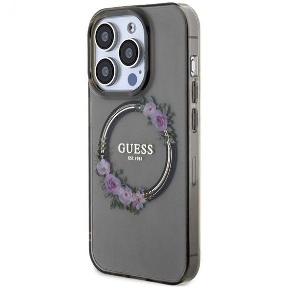 Husă originală GUESS GUHMP15LHFWFCK pentru iPhone 15 Pro (Magsafe / Flowers Wreath / negru)