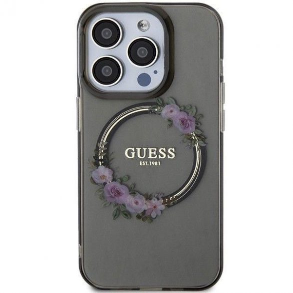 Husă originală GUESS GUHMP15LHFWFCK pentru iPhone 15 Pro (Magsafe / Flowers Wreath / negru)