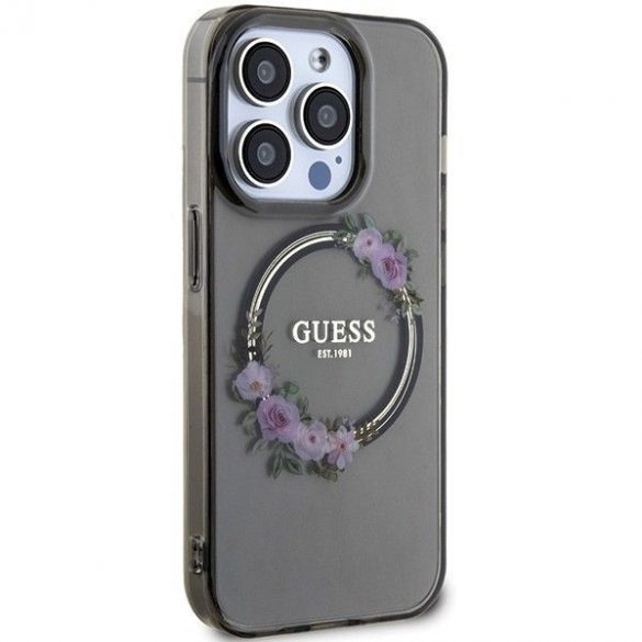 Husă originală GUESS GUHMP15LHFWFCK pentru iPhone 15 Pro (Magsafe / Flowers Wreath / negru)