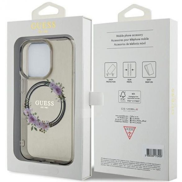 Husă originală GUESS GUHMP15LHFWFCK pentru iPhone 15 Pro (Magsafe / Flowers Wreath / negru)