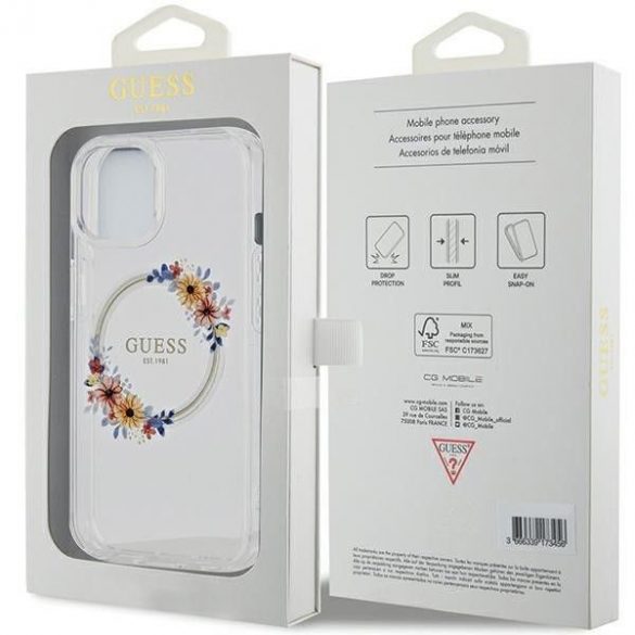 Husă originală GUESS GUHMP15SHFWFCT pentru iPhone 15 (Magsafe / Flowers Wreath / transparent)