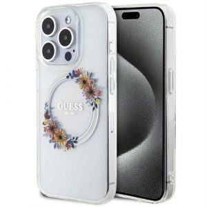 Husă originală GUESS GUHMP15LHFWFCT pentru iPhone 15 Pro (Magsafe / Flowers Wreath / transparent)