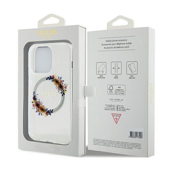 Husă originală GUESS GUHMP15LHFWFCT pentru iPhone 15 Pro (Magsafe / Flowers Wreath / transparent)