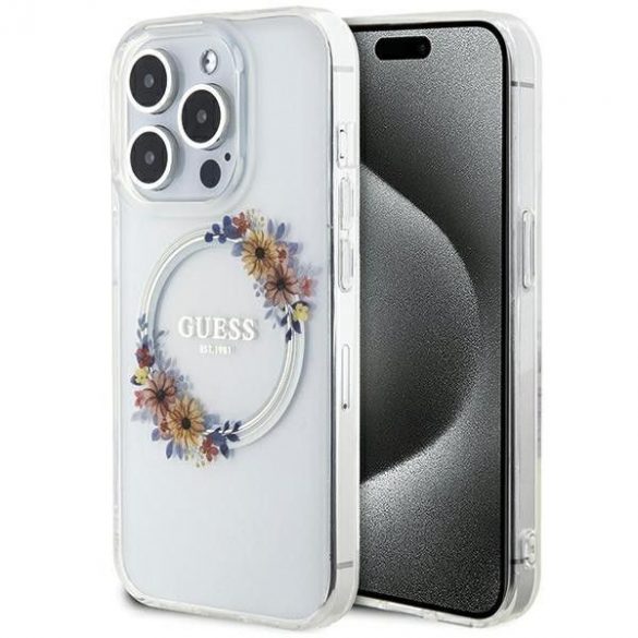 Husă originală GUESS GUHMP15XHFWFCT pentru iPhone 15 Pro Max (Magsafe / Coroană de flori / transparentă)