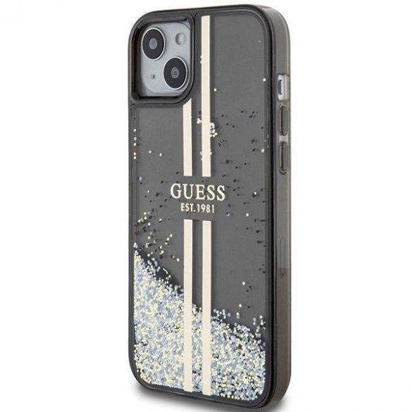 Husă originală GUESS GUHCP15SLFCSEGK pentru iPhone 15 (Lichid Glitter Gold Stripes / negru)