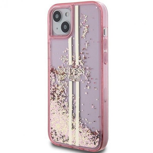 Husă originală GUESS GUHCP15SLFCSEGP pentru iPhone 15 (Lichid Glitter Gold Stripes / roz)