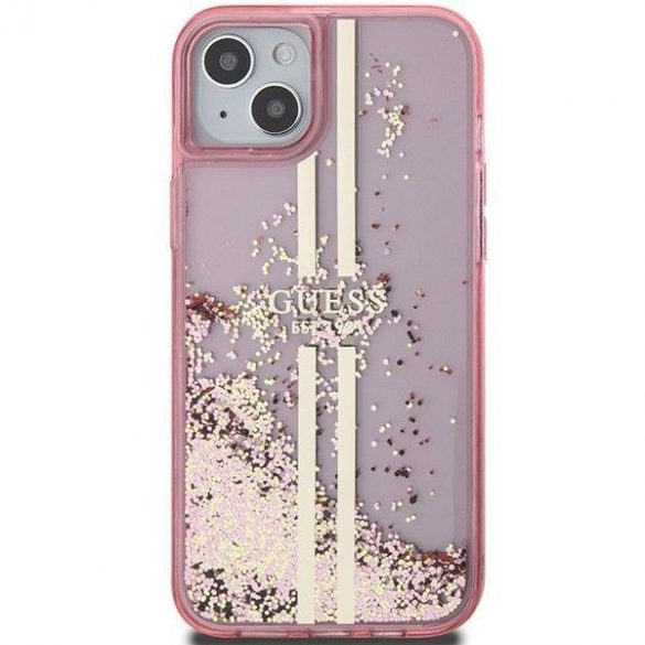 Husă originală GUESS GUHCP15SLFCSEGP pentru iPhone 15 (Lichid Glitter Gold Stripes / roz)