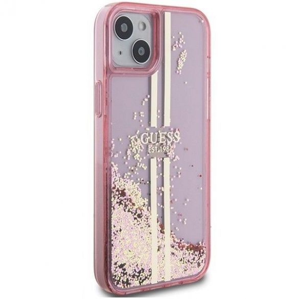 Husă originală GUESS GUHCP15SLFCSEGP pentru iPhone 15 (Lichid Glitter Gold Stripes / roz)