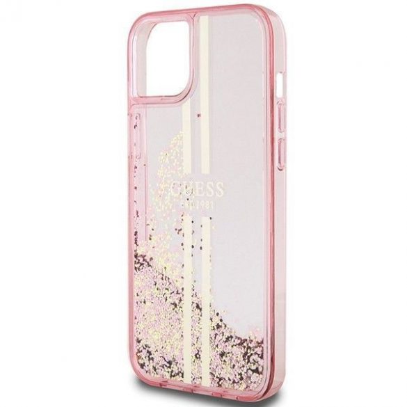 Husă originală GUESS GUHCP15SLFCSEGP pentru iPhone 15 (Lichid Glitter Gold Stripes / roz)