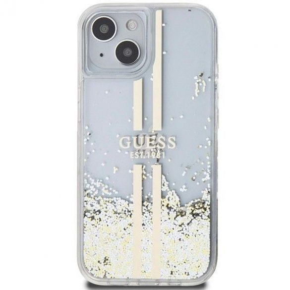 Husă originală GUESS GUHCP15SLFCSEGT pentru iPhone 15 (Liquid Glitter Gold Stripes / transparent)