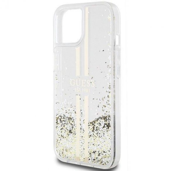 Husă originală GUESS GUHCP15SLFCSEGT pentru iPhone 15 (Liquid Glitter Gold Stripes / transparent)