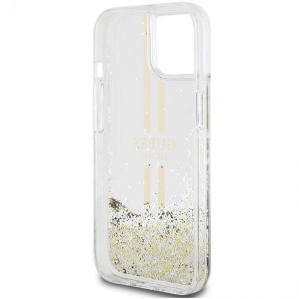 Husă originală GUESS GUHCP15SLFCSEGT pentru iPhone 15 (Liquid Glitter Gold Stripes / transparent)