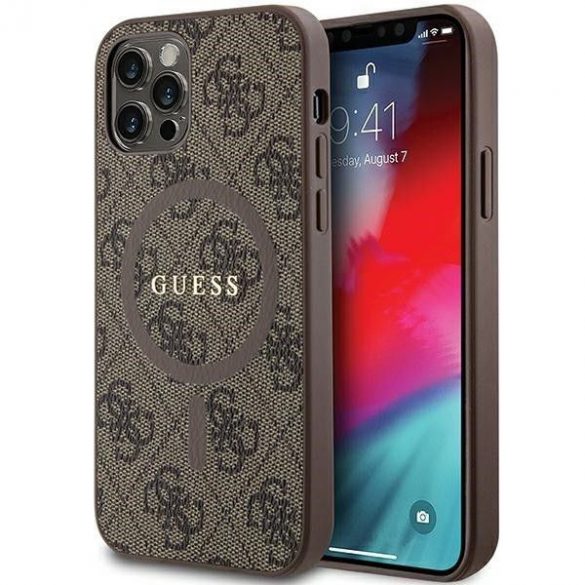 Husă originală GUESS GUHMP12MG4GFRW pentru iPhone 12/12 Pro (Magsafe / logo clasic 4G Ring / maro)