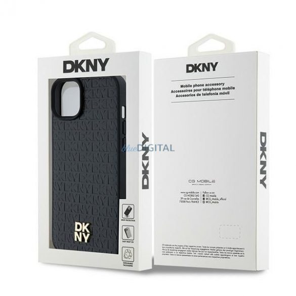 Husă DKNY pentru IPHONE 15 compatibilă cu MagSafe DKHMP15SPSHRPSK (DKNY HC MagSafe Pu Repeat Pattern W/Stack Logo) neagră