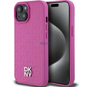 Husă DKNY pentru IPHONE 15 compatibilă cu MagSafe DKHMP15SPSHRPSP (DKNY HC MagSafe Pu Repeat Pattern W/Stack Logo) roz