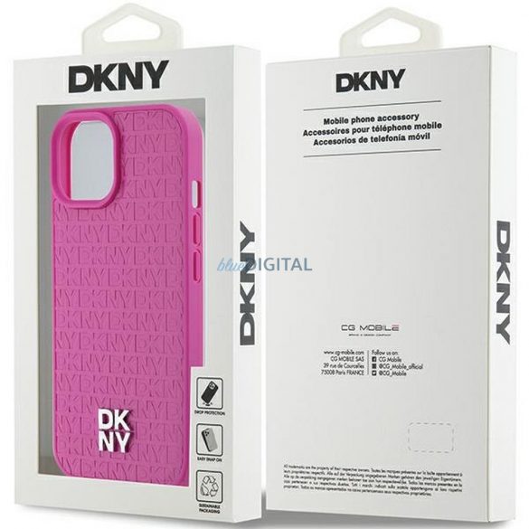 Husă DKNY pentru IPHONE 15 compatibilă cu MagSafe DKHMP15SPSHRPSP (DKNY HC MagSafe Pu Repeat Pattern W/Stack Logo) roz