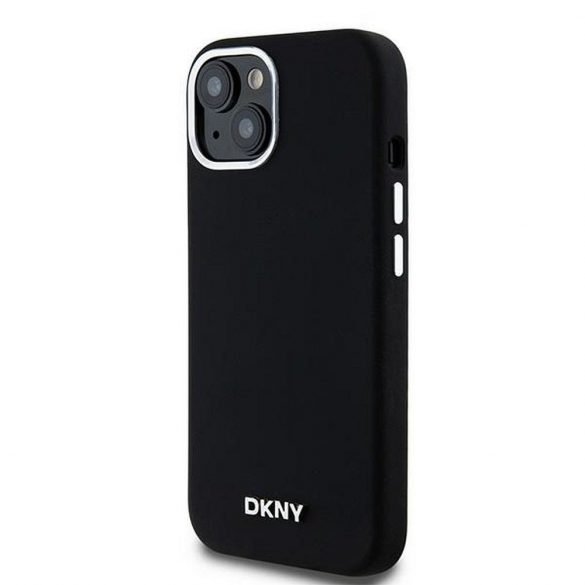 Husă DKNY pentru IPHONE 15 compatibilă cu MagSafe DKHMP15SSMCHLK (DKNY HC MagSafe silicon cu sigla metalică orizontală) neagră