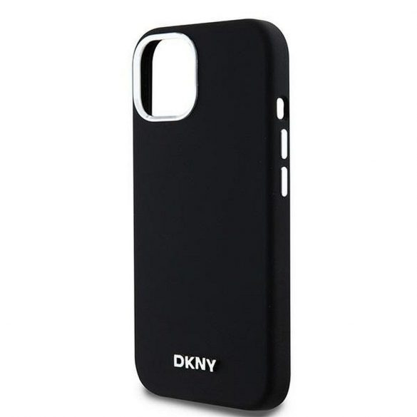 Husă DKNY pentru IPHONE 15 compatibilă cu MagSafe DKHMP15SSMCHLK (DKNY HC MagSafe silicon cu sigla metalică orizontală) neagră