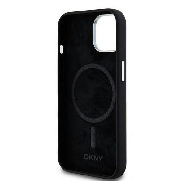 Husă DKNY pentru IPHONE 15 compatibilă cu MagSafe DKHMP15SSMCHLK (DKNY HC MagSafe silicon cu sigla metalică orizontală) neagră