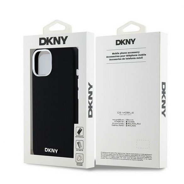 Husă DKNY pentru IPHONE 15 compatibilă cu MagSafe DKHMP15SSMCHLK (DKNY HC MagSafe silicon cu sigla metalică orizontală) neagră