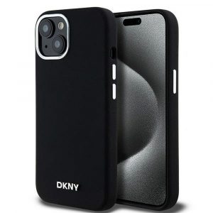 Husă DKNY pentru IPHONE 15 Plus compatibilă cu MagSafe DKHMP15MSMCHLK (DKNY HC MagSafe din silicon cu sigla metalică orizontală) neagră