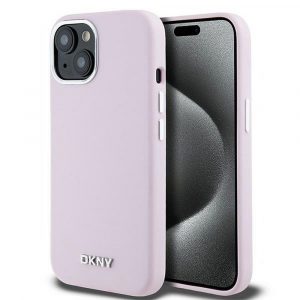 Husă DKNY pentru IPHONE 15 compatibilă cu MagSafe DKHMP15SSMCHLP (DKNY HC MagSafe din silicon cu sigla metalică orizontală) roz