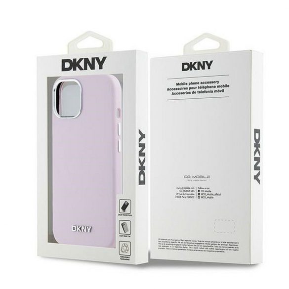 Husă DKNY pentru IPHONE 15 compatibilă cu MagSafe DKHMP15SSMCHLP (DKNY HC MagSafe din silicon cu sigla metalică orizontală) roz