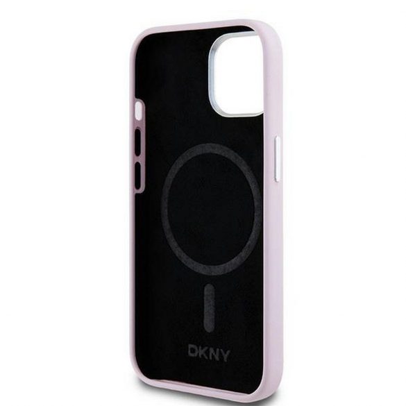 Husă DKNY pentru IPHONE 15 Plus compatibilă cu MagSafe DKHMP15MSMCHLP (DKNY HC MagSafe silicon cu logo metalizat orizontal) roz