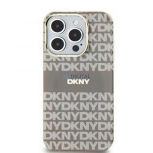 Husă DKNY pentru IPHONE 15 compatibilă cu MagSafe DKHMP15SHRHSEE (DKNY HC MagSafe PC TPU Repeat Texture Pattern W/ Stripe) bej